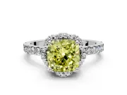 Halo Engagement Ring Setting for Fancy Yellow Cushion Cut Center with Openwork Halo, Pave Band and Prong Head in Sterling Silver