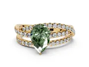 Solitaire Engagement Ring Setting for Fancy Green Pear-Shaped Center with Woven 3-Strand Pave Band and Prong Head in Yellow Gold