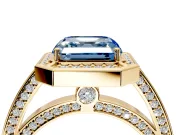 Halo Engagement Ring Setting for Fancy Blue Asscher Cut Center with Framed Halo, Pave Band and Prong Head in Yellow Gold