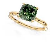 Solitaire Engagement Ring Setting for Fancy Green Cushion Cut Center with Bamboo Band and Prong Head in Yellow Gold
