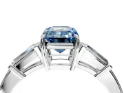 3 Stone Engagement Ring Setting for Fancy Blue Emerald Cut Center with Baguette Accents and Prong Head in Sterling Silver
