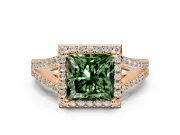 Halo Engagement Ring Setting for Fancy Green Princess Cut Center with Pave Split Shank and Prong Head in Rose Gold