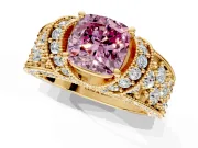 Pave Engagement Ring Setting for Fancy Pink Cushion Cut Center with Curved Accent Rows, Openwork and Prong Head in Yellow Gold
