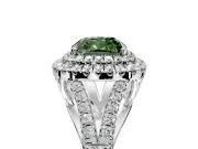 Double Halo Engagement Ring Setting for Fancy Green Cushion Cut Center with Narrow Pave Split Shank and Prong Head in White Gold