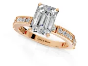 Solitaire Engagement Ring Setting for Emerald Cut Center with Milgrain-Edged Pave Band and Prong Head in Rose Gold