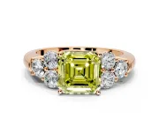 Cluster Engagement Ring Setting for Fancy Yellow Asscher Cut Center with Round Cut Accent Frame and Prong Head in Rose Gold