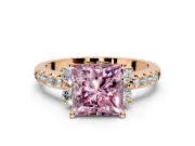 Paired Accent Engagement Ring Setting for Fancy Pink Princess Cut Center with Pave Band and Prong Head in Rose Gold