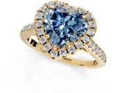 Halo Engagement Ring Setting for Fancy Blue Heart-Shaped Center with Raised Halo, Pave Band and Prong Head in Yellow Gold