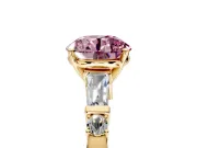 Bar-Set Engagement Ring Setting for Fancy Pink Round Cut Center with Tapered Baguette Accents and Prong Head in Yellow Gold