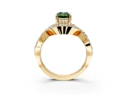 Halo Engagement Ring Setting for Fancy Green Emerald Cut Center with Pave Infinity Twist Band and Prong Head in Yellow Gold