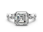 Milgrain Bezel Engagement Ring Setting for Asscher Cut Center with Marquise Stations and Bezel Head in Platinum