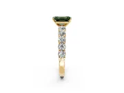Shared-Prong Engagement Ring Setting for Fancy Green Emerald Cut Center with Graduated Accents and Prong Head in Yellow Gold
