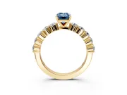 Shared-Prong Engagement Ring Setting for Fancy Blue Emerald Cut Center with Graduated Accents and Prong Head in Yellow Gold