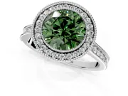 Halo Engagement Ring Setting for Fancy Green Round Cut Center with Milgrain Pave Band and Bezel Head in Platinum