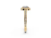 Halo Engagement Ring Setting for Cushion Cut Center with Framed Halo, Pave Band and Prong Head in Yellow Gold