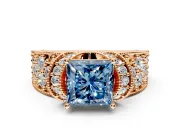 Pave Engagement Ring Setting for Fancy Blue Princess Cut Center with Curved Accent Rows, Openwork and Prong Head in Rose Gold