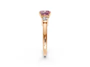 3 Stone Engagement Ring Setting for Fancy Pink Cushion Cut Center with Wide Plain Band and Prong Head in Rose Gold
