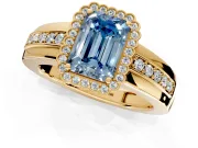 Halo Engagement Ring Setting for Fancy Blue Emerald Cut Center with Wide Band, Inlaid Accent Row and Prong Head in Yellow Gold
