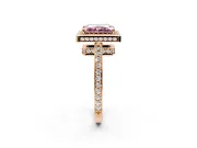 Halo Engagement Ring Setting for Fancy Pink Radiant Cut Center with Metal-Rimmed Halo, Pave Band and Prong Head in Rose Gold