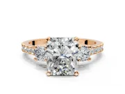 3 Stone Engagement Ring Setting for Radiant Cut Center with Round Cut Side Accents and Prong Head in Rose Gold