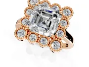 Cluster Halo Engagement Ring Setting for Asscher Cut Center with Milgrain Bezel Accents and Prong Head in Rose Gold