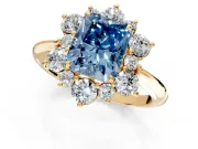 Small-Accent Cluster Halo Engagement Ring Setting for Fancy Blue Radiant Cut Center with Plain Band and Prong Head in Yellow Gold