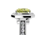 Halo Engagement Ring Setting for Fancy Yellow Emerald Cut Center with Outer Bezel Rim, Pave Band and Prong Head in Sterling Silver