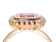 Halo Engagement Ring Setting for Fancy Pink Emerald Cut Center with Milgrain Bezel Rim, Plain Band and Prong Head in Rose Gold