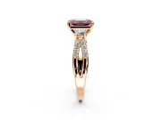 3 Stone Engagement Ring Setting for Fancy Pink Emerald Cut Center with Pave Split Shank and Prong Head in Rose Gold
