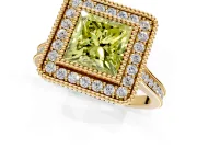 Halo Engagement Ring Setting for Fancy Yellow Princess Cut Center with Milgrain Frame, Pave Band and Prong Head in Yellow Gold