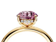 Hidden Halo Engagement Ring Setting for Fancy Pink Round Cut Center with Thin Rounded Band and Prong Head in Yellow Gold