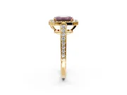 Bezel-Framed Halo Engagement Ring Setting for Fancy Pink Emerald Cut Center with Pave Band and Prong Head in Yellow Gold