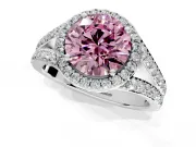 Halo Engagement Ring Setting for Fancy Pink Round Cut Center with Narrow Pave Split Shank and Prong Head in Platinum