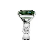 Solitaire Engagement Ring Setting for Fancy Green Emerald Cut Center with Beaded Bezel Station Band and Prong Head in Platinum