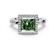 Halo Engagement Ring Setting for Fancy Green Princess Cut Center with Pave and Plain Twist Band and Prong Head in Sterling Silver