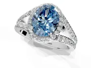 Halo Engagement Ring Setting for Fancy Blue Oval Center with Narrow Pave Split Shank and Prong Head in Sterling Silver