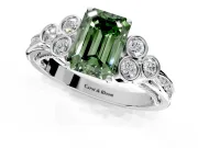 Cluster Engagement Ring Setting for Fancy Green Emerald Cut Center with Bezel Accent Clusters and Prong Head in White Gold