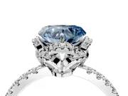 Halo Engagement Ring Setting for Fancy Blue Heart-Shaped Center with Openwork Halo, Pave Band and Prong Head in Platinum