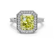 Halo Engagement Ring Setting for Fancy Yellow Radiant Cut Center with Milgrain Pave Band and Bezel Head in White Gold