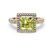 Accent Halo Engagement Ring Setting for Fancy Yellow Princess Cut Center with Full-Length Pave Band and Prong Head in Yellow Gold