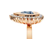 Halo Engagement Ring Setting for Fancy Blue Heart-Shaped Center with Milgrain Bezel Rim, Plain Band and Prong Head in Rose Gold