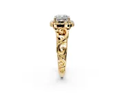 Halo Engagement Ring Setting for Cushion Cut Center with Open Scroll Shoulders and Prong Head in Yellow Gold