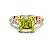 Solitaire Engagement Ring Setting for Fancy Yellow Asscher Cut Center with Multi-Row Accents and Prong Head in Yellow Gold