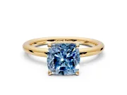 Hidden Halo Engagement Ring Setting for Fancy Blue Cushion Cut Center with Thin Rounded Band and Prong Head in Yellow Gold