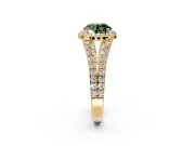 Halo Engagement Ring Setting for Fancy Green Round Cut Center with Narrow Pave Split Shank and Prong Head in Yellow Gold