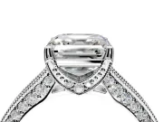 Solitaire Engagement Ring Setting for Asscher Cut Center with Milgrain-Framed Pave Band and Prong Head in Platinum