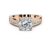 Solitaire Engagement Ring Setting for Cushion Cut Center with Princess Cut Channel Band and Prong Head in Rose Gold