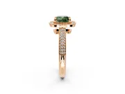 Milgrain Halo Engagement Ring Setting for Fancy Green Cushion Cut Center with Three-Sided Pave Band and Prong Head in Rose Gold