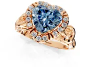 Halo Engagement Ring Setting for Fancy Blue Heart-Shaped Center with Open Scroll Shoulders and Prong Head in Rose Gold