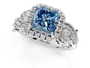 Milgrain Halo Engagement Ring Setting for Fancy Blue Princess Cut Center with Shoulder Bezels and Prong Head in White Gold